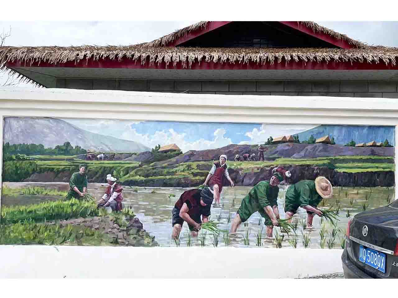 景区乡村写实插秧少数民族人物风景墙绘壁画彩绘涂鸦手绘成都澜泉文化
