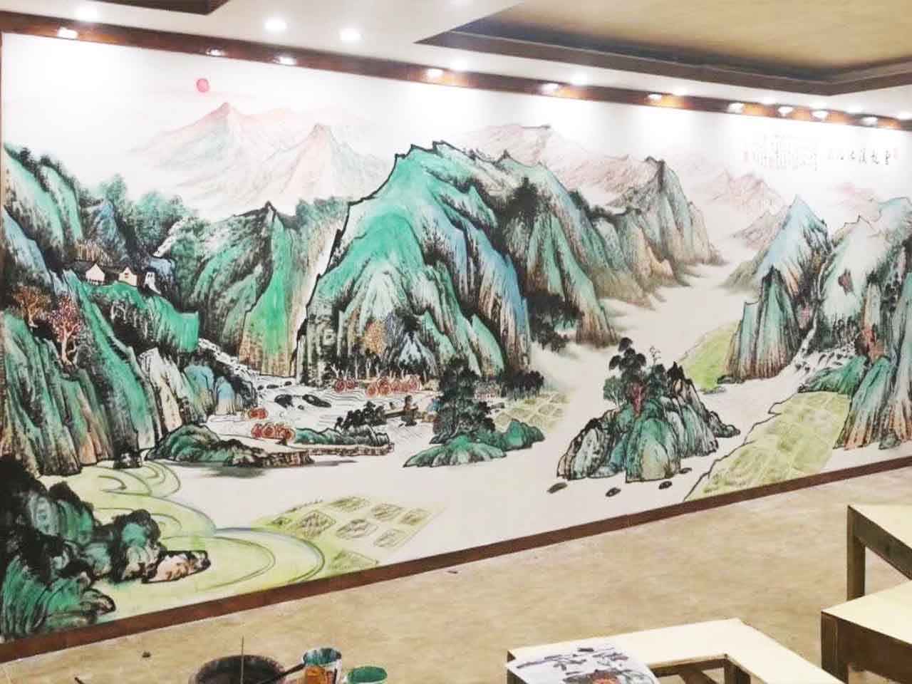 酒店餐饮大厅国画墙绘壁画彩绘涂鸦手绘成都澜泉文化